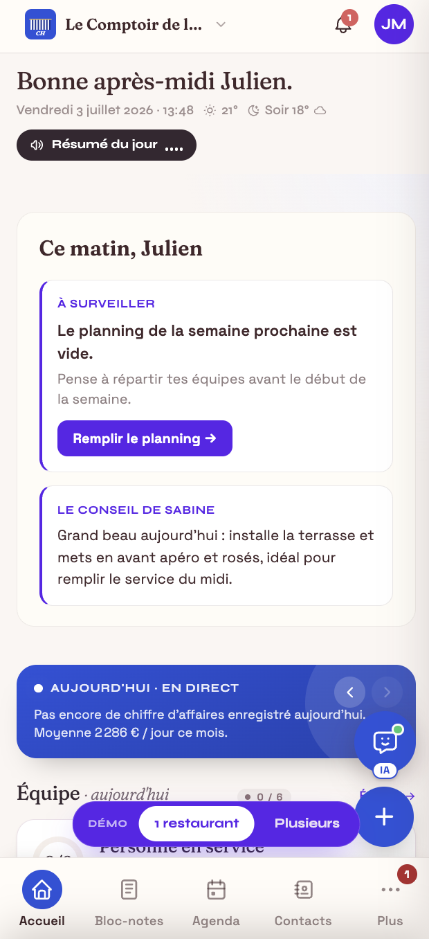 Interface Cockpit Resto sur mobile